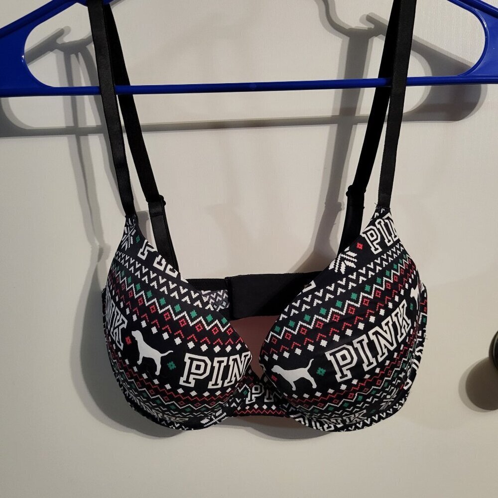 VICTORIAS SECRET PINK CHRISTMAS PRINT PUSHUP BRA SZ 32DD